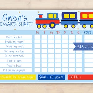 May include: A blue and red train themed reward chart for a child. The chart has a space for each day of the week and a list of chores to complete. The reward for completing the chores is "Ice Cream Night".
