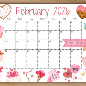 Editable February Calendar 2026, Printable Calendar 2026, Cute Calendar