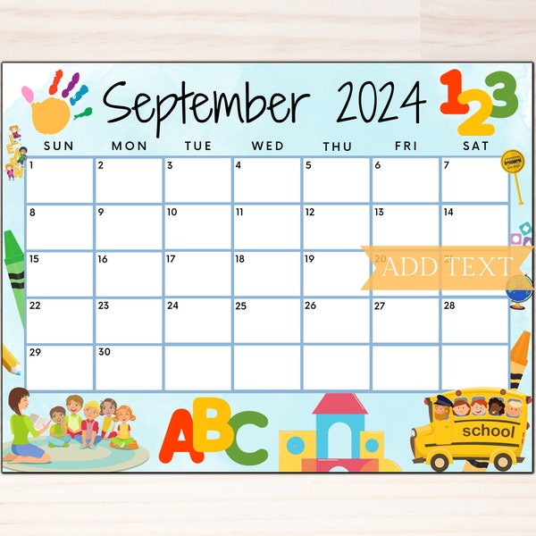 Calendrier modifiable de septembre 2024, calendrier scolaire imprimable avec ABC, rentrée des classes, calendrier d'automne, calendrier de classe à remplir coloré