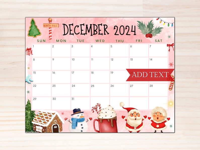 Printable December Calendar 2024, Printable Christmas Calendar W/ Santa