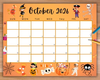 Peut inclure: Une page de calendrier mensuel orange pour octobre 2026 avec des illustrations d'Halloween, notamment une sorcière, un pirate, un squelette, un seau citrouille et une araignée. La grille comporte des cases blanches pour les dates.