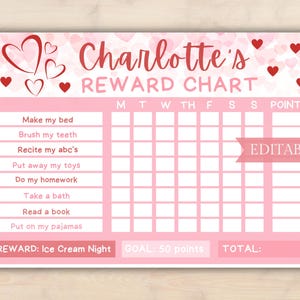 May include: A pink and white printable reward chart with hearts and the text "Charlotte's Reward Chart". The chart has a column for each day of the week and a column for points. The chart includes a list of chores such as "Make my bed", "Brush my teeth", "Recite my abc's", "Put away my toys", "Do my homework", "Take a bath", "Read a book", and "Put on my pajamas". The chart also includes a section for "Reward: Ice Cream Night", "Goal: 50 points", and "Total".