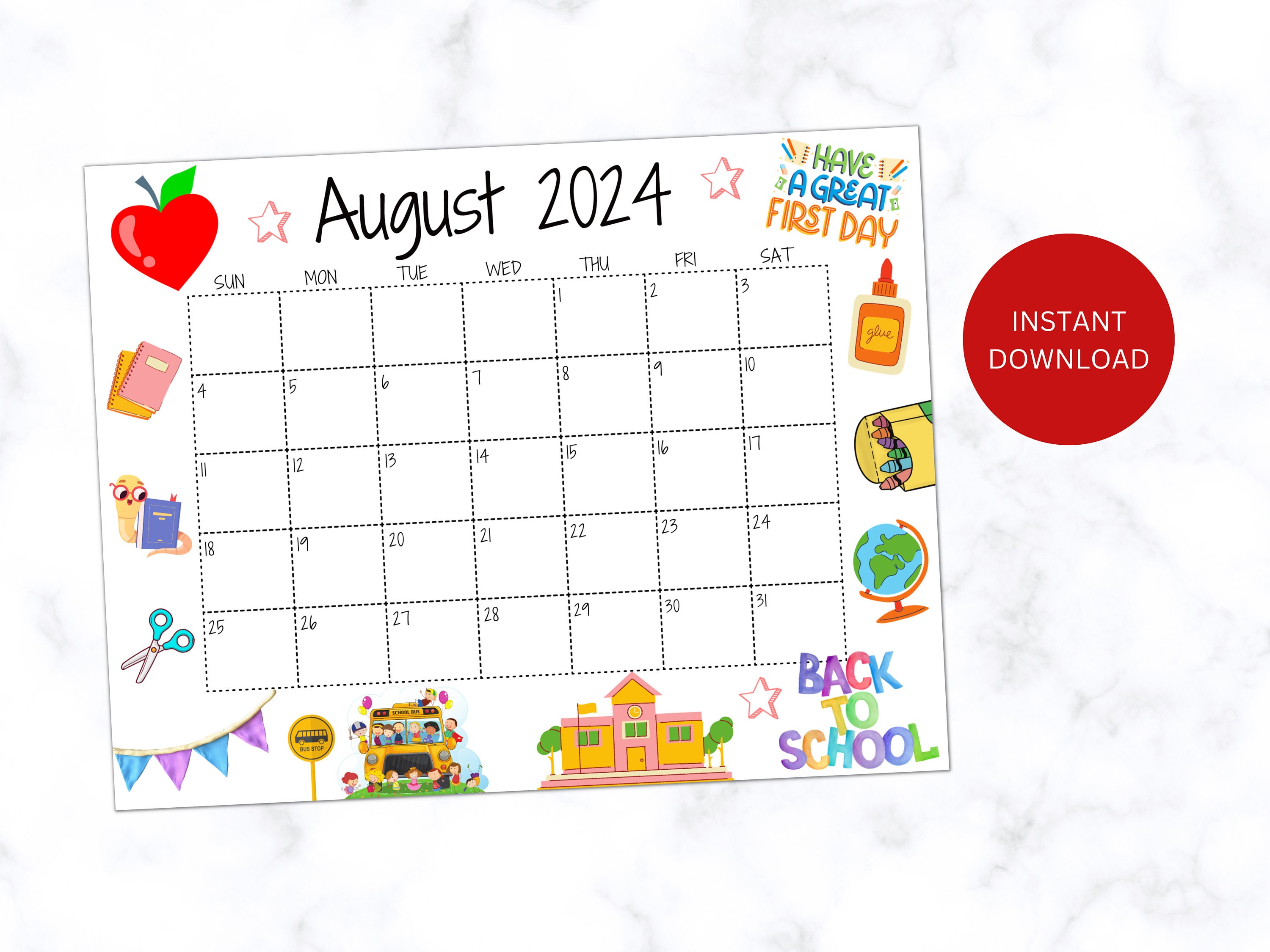 EDITABLE August 2024 Calendar, Printable Calendar 2024, Back to School