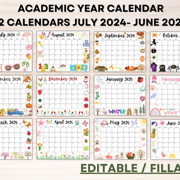 2024 2025 School Monthly Calendar Etsy
