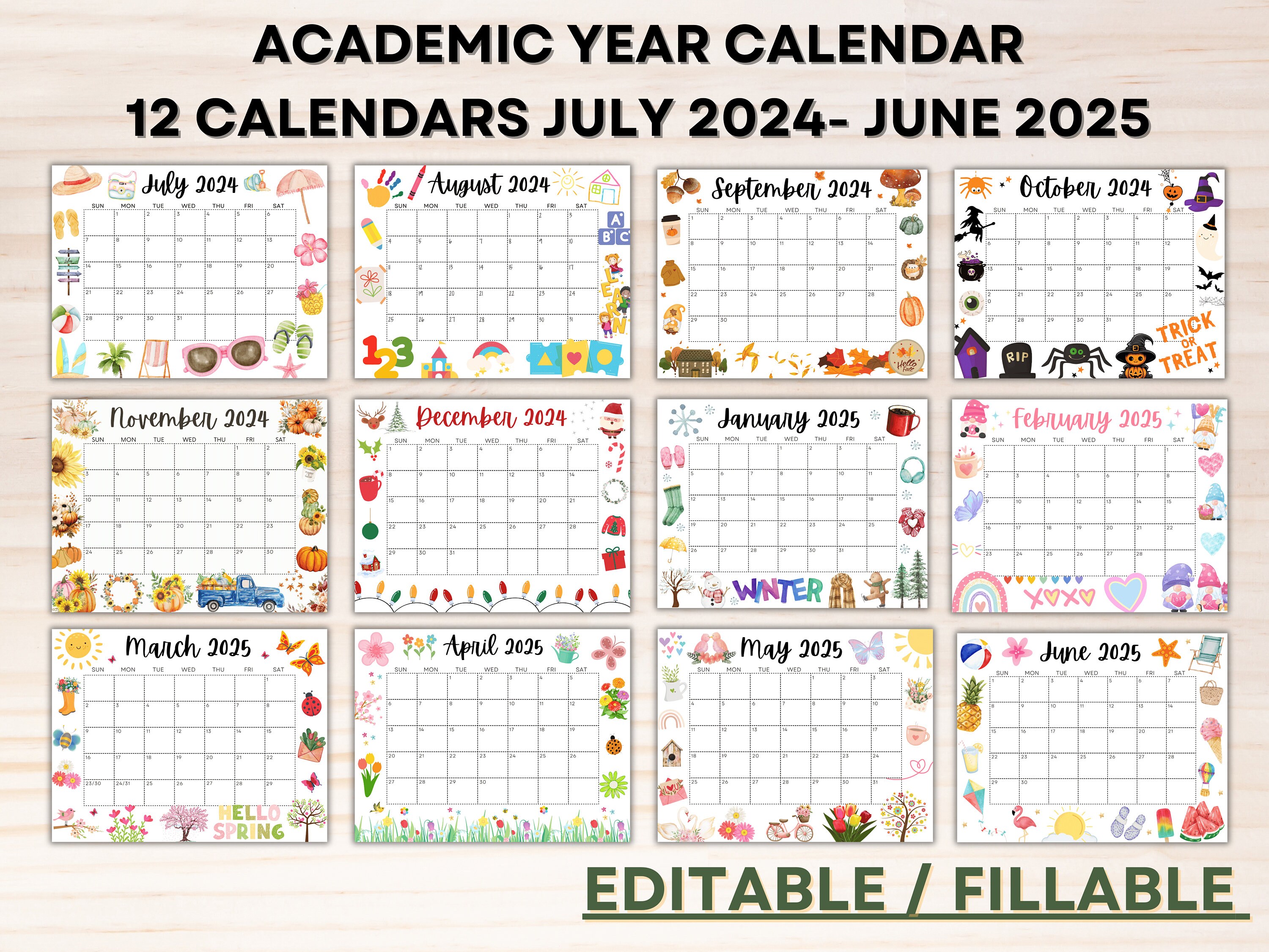 Editable School Calendar 20242025 From July to June Printable School