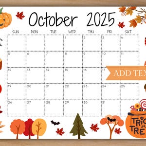 Editable October 2025 Calendar, Printable Calendar, School Calendar, Cute Fall Trick or Treat Calendar, Monthly Calendar, Classroom Calendar