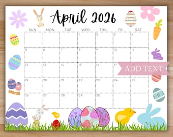 Calendario de abril de 2026 editable, calendario imprimible, hermoso calendario de Pascua con huevos, calendario mensual para el aula, calendario familiar para niños.