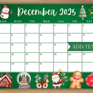 Editable December 2025 Calendar, Printable Green Christmas Calendar w/ Snowman, Holiday Calendar, Cute Calendar, School Calendar for Kids