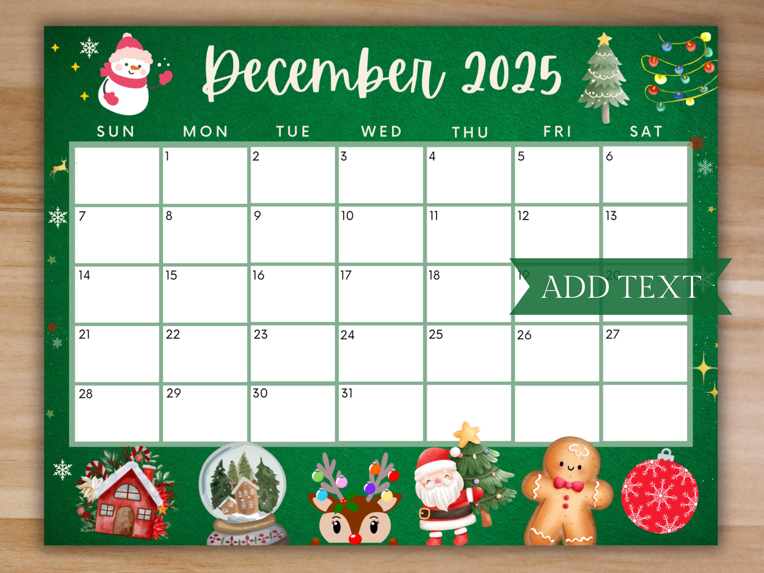 Editable December 2025 Calendar, Printable Green Christmas Calendar w/ Snowman, Holiday Calendar, Cute Calendar, School Calendar for Kids