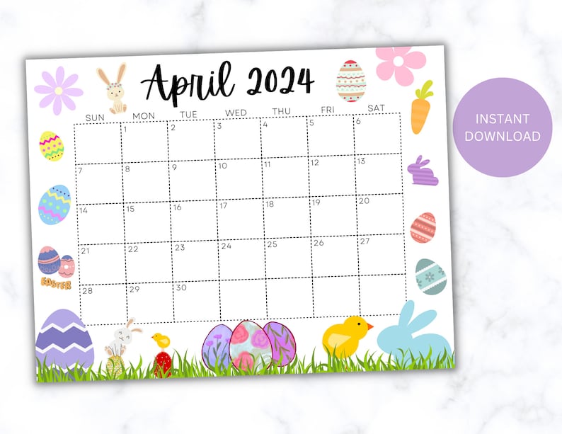 EDITABLE April 2024 Calendar, Printable Calendar 2024, Beautiful Easter