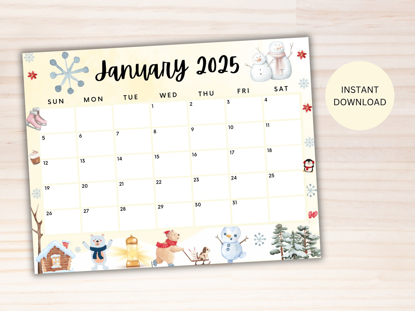 Editable January Calendar 2025, Printable Calendar 2025, Cute Calendar for January, School