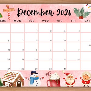 Utskrivbar decemberkalender 2026, utskrivbar julkalender med varm choklad från jultomten, högtidskalender, familjekalender, lägg till text nu