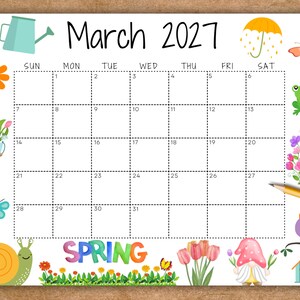 EDITABLE March 2027 Calendar, Printable Wall Calendar 2027, Beautiful Spring Flowers and Animals, Kids Classroom Calendar, Family Calendar