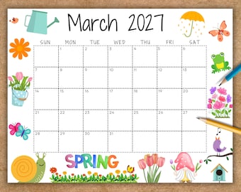 EDITABLE March 2027 Calendar, Printable Wall Calendar 2027, Beautiful Spring Flowers and Animals, Kids Classroom Calendar, Family Calendar