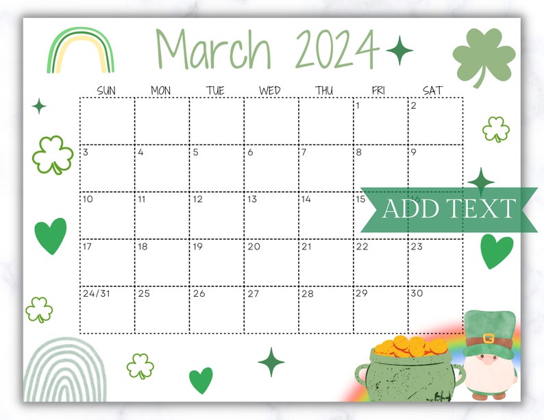 Editable March Calendar 2024 Printable Wall Calendar 2024 St - Etsy Ireland