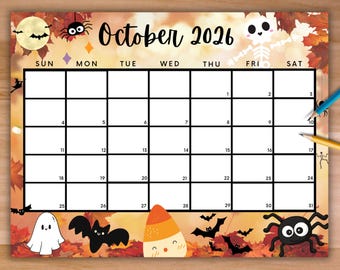 Peut inclure: Une page de calendrier rectangulaire pour octobre 2026 sur le thème d'Halloween avec des feuilles d'automne, une pleine lune, des chauves-souris, un fantôme, un squelette et une araignée. La grille comporte des lignes noires et des chiffres.