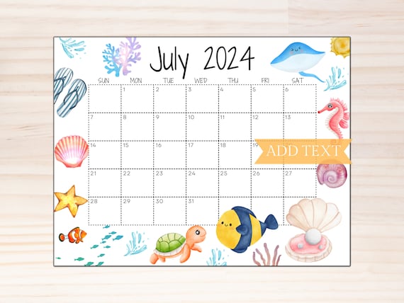 EDITABLE July 2024 Summer Calendar, Printable Calendar W/ Cute Sea