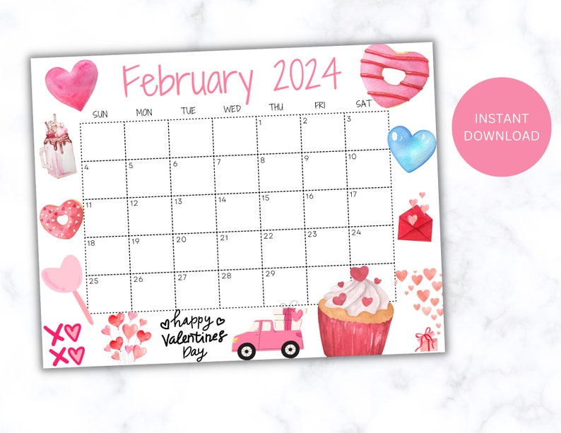 Editable February 2024 Calendar, Printable Wall Calendar 2024, Cute