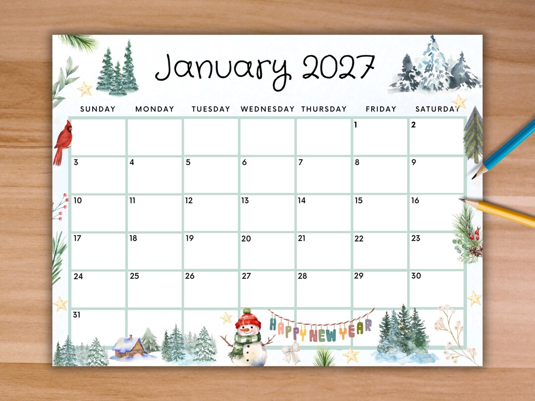 Editable January 2027 Calendar, Printable Calendar W/ Cute Winter Happy New  Year, Homeschool Calendar, January Planner, Monthly Calendar - Etsy