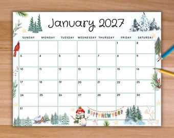 Editable January 2027 Calendar, Printable Calendar W/ Cute Winter Happy New  Year, Homeschool Calendar, January Planner, Monthly Calendar - Etsy