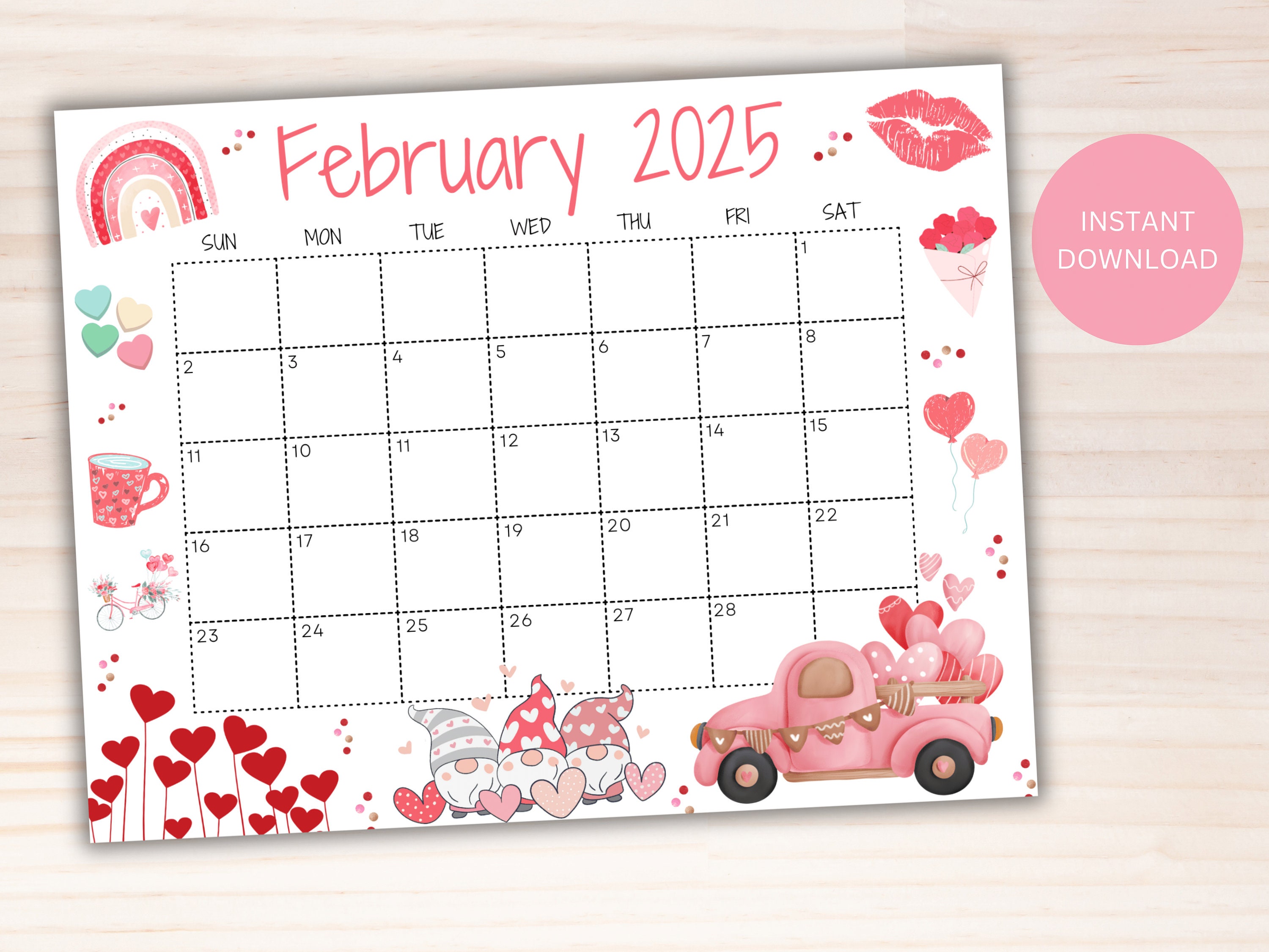 Editable February Calendar 2025, Printable Wall Calendar 2025, Cute Calendar for Valentine
