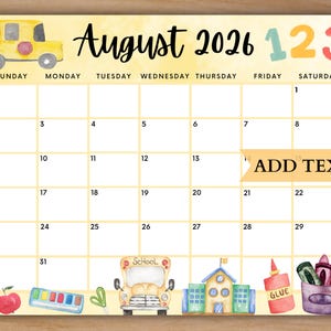 Printable August 2026 Calendar, Editable Calendar 2026, Back to School, Kids Calendar w/ School Bus, Classroom Calendar, Homeschool Planner