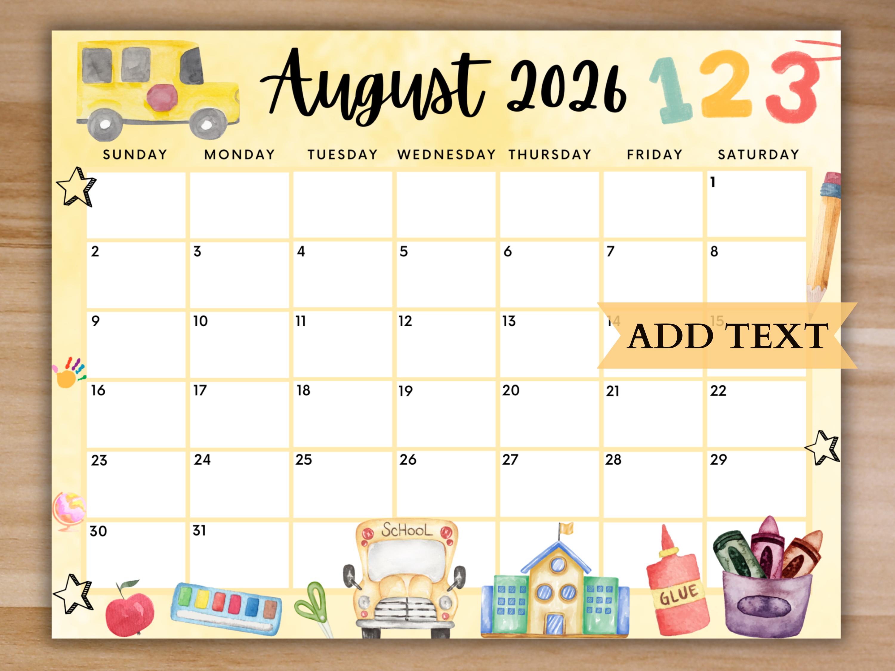 Printable August 2026 Calendar, Editable Calendar 2026, Back to School ...