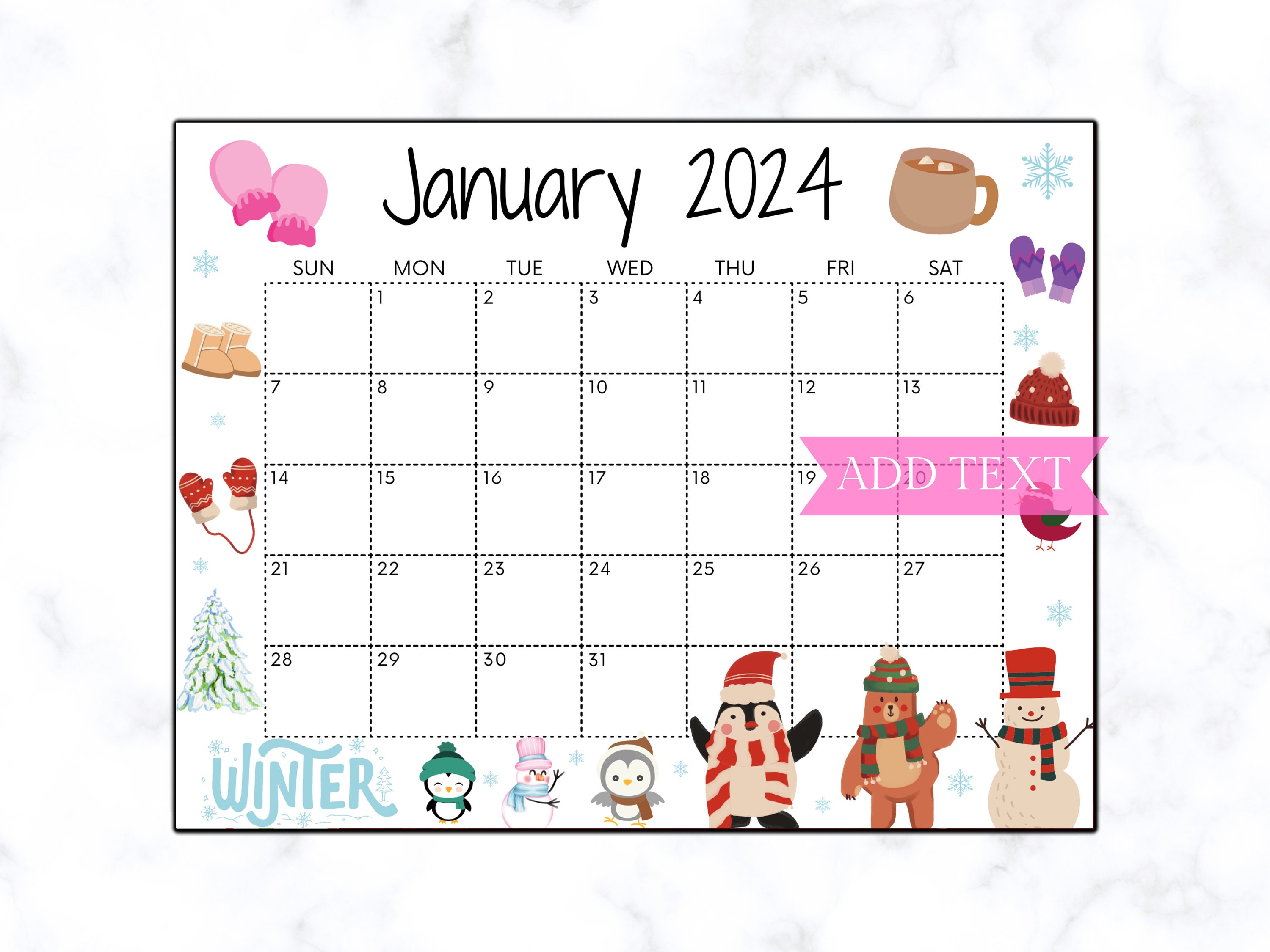 Editable January Calendar 2024 Printable Wall Calendar 2024 Etsy