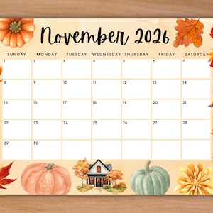 Editable November 2026 Calendar, Printable Monthly Calendar Home Work Office School, Instant Download Planner for Fall Season, Fillable Plan