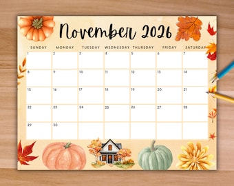 Editable November 2026 Calendar, Printable Monthly Calendar Home Work Office School, Instant Download Planner for Fall Season, Fillable Plan