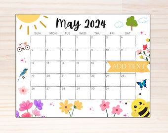 EDITABLE May 2024 Calendar, Printable Wall Calendar 2024, Cute Calendar for May, Monthly Classroom Calendar, Cute Family Calendar, fillable