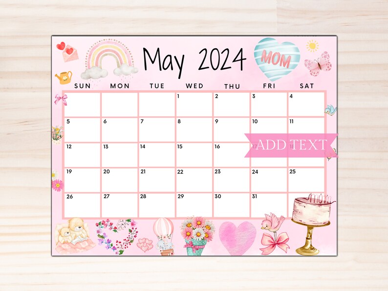 EDITABLE May 2025 Calendar, Printable Calendar 2025, Pink Mothers Day