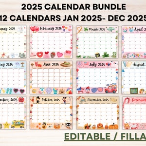 Editable Calendar 2025 Bundle- Printable Calendars Colorful Cute- Kids School Schedule- Fillable Calendar- Homeschool Planner Calendar