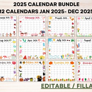 Editable 2025 Calendar Bundle Printable January Calendar 2025 Kids