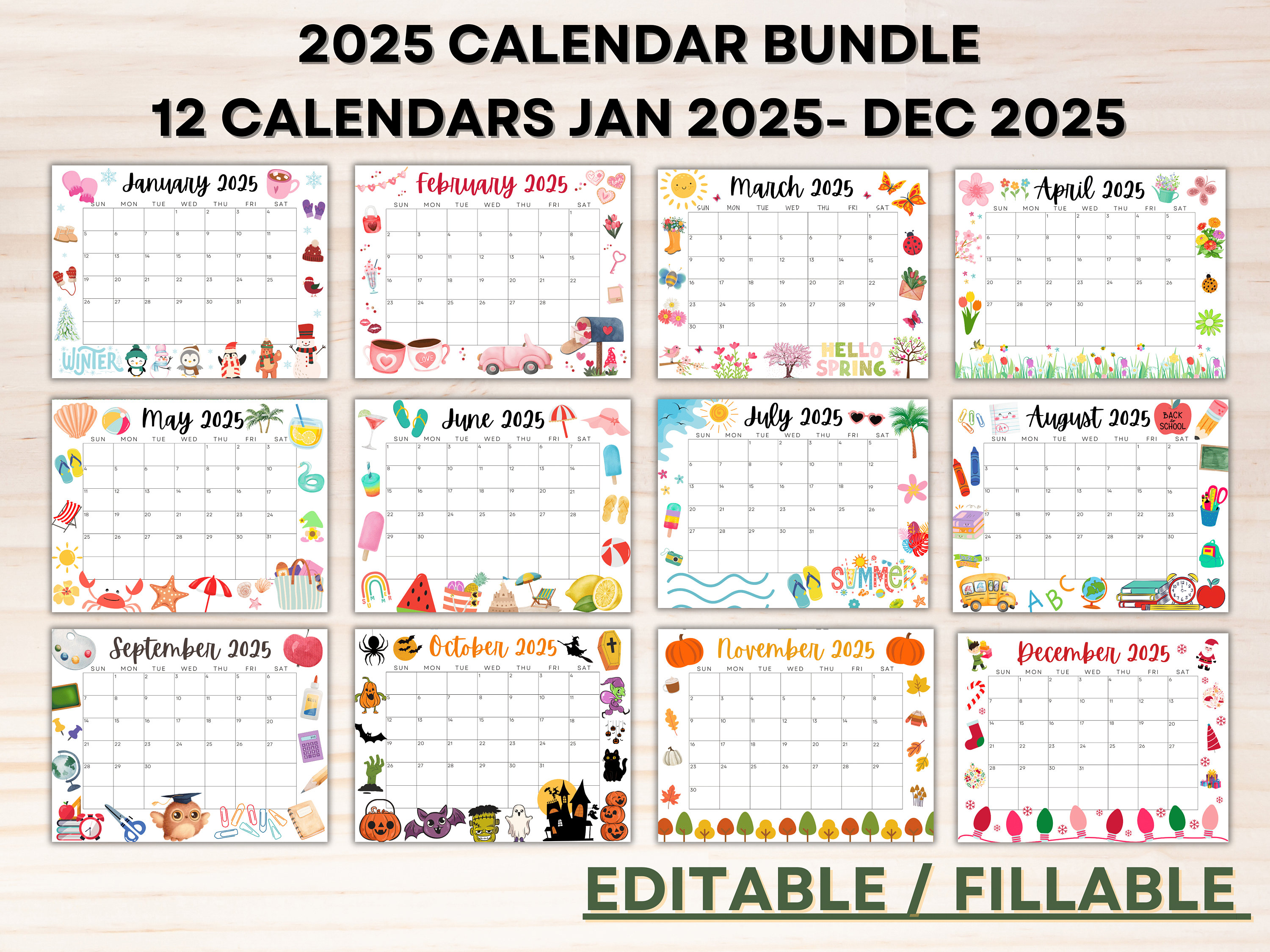 Editable 2025 Calendar Bundle Printable January Calendar 2025 Kids ...