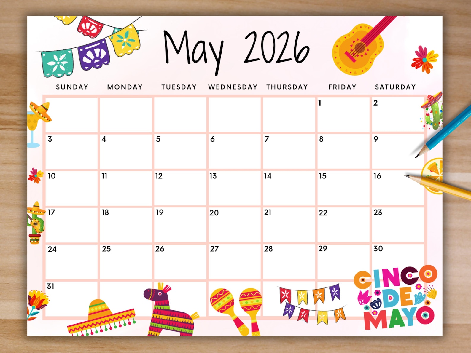 Calendario de mayo de 2026 editable, calendario imprimible rosa del ...