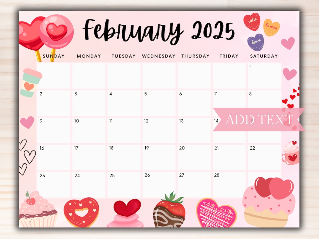 Editable February 2025 Calendar, Cute Printable Calendar for Valentine