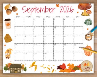 Editable September 2026 Calendar, Printable Calendar, School Calendar, Hello Fall Calendar, Classroom Calendar, Cute September Calendar