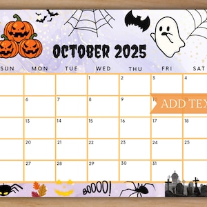 Editable October 2025 Calendar, Printable Spooky Calendar for Halloween w/ Pumpkins and Ghost, Monthly Calendar, Spooky Halloween Calendar
