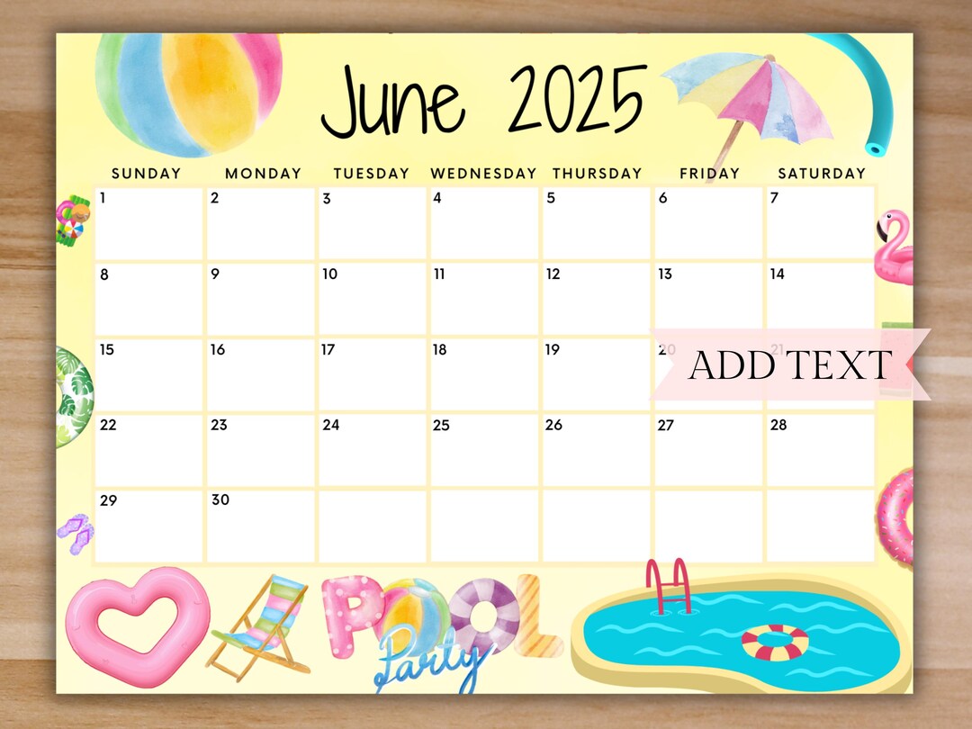 Editable June 2025 Calendar, Printable Sunny Summer Calendar, Cute