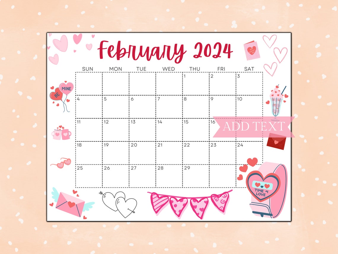 Editable February Calendar 2024 Printable Wall Instant Download Etsy