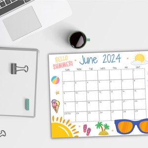 EDITABLE June 2024 Wall Calendar, Printable Classroom Calendar, Cute Summer Calendar with Sunglasses, Monthly Calendar, Family Calendar