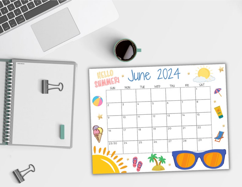 EDITABLE June 2024 Wall Calendar, Printable Classroom Calendar, Cute Summer Calendar with Sunglasses, Monthly Calendar, Family Calendar
