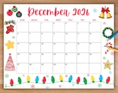 Editable December 2026 Calendar, Cute Printable Calendar w/ Christmas Lights, Holiday Calendar, School Calendar, Monthly Planner, Fillable