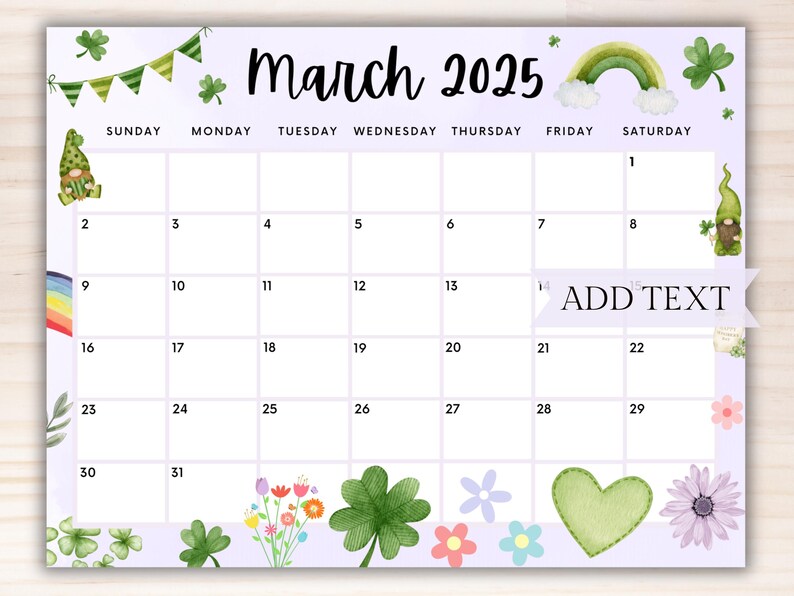 EDITABLE March 2025 Calendar, Printable Homeschool Calendar, Beautiful Spring Flowers W/ Clovers