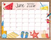 EDITABLE June 2026 Calendar, Printable Calendar, Summer Calendar w/ Beach and Flip Flops, Kids School Calendar Work Office Home June Planner