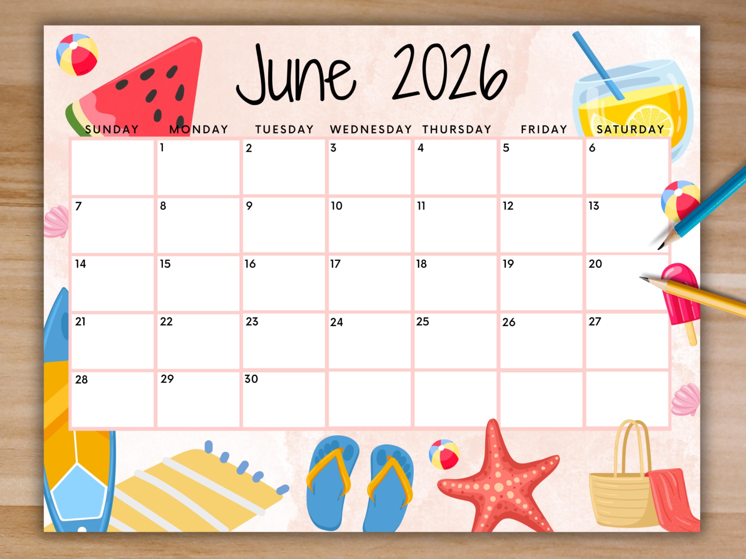 EDITABLE June 2026 Calendar, Printable Calendar, Summer Calendar W/ Beach and Flip Flops, Kids School Calendar Work Office Home June Planner - Etsy Israel