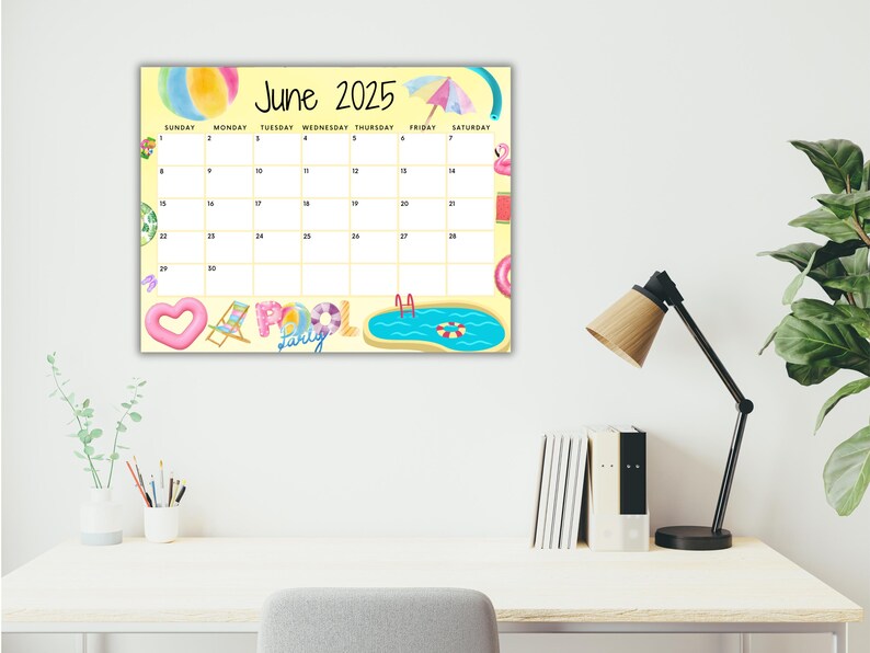Editable June 2025 Calendar, Printable Sunny Summer Calendar, Cute