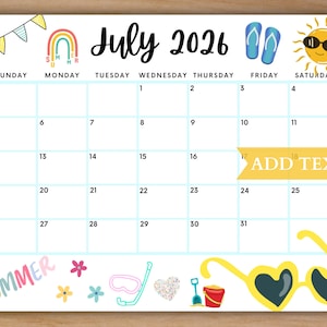 EDITABLE July 2026 Summer Calendar, Printable July Calendar, School Calendar, Monthly Calendar, July Planner, Fillable Calendar for Summer