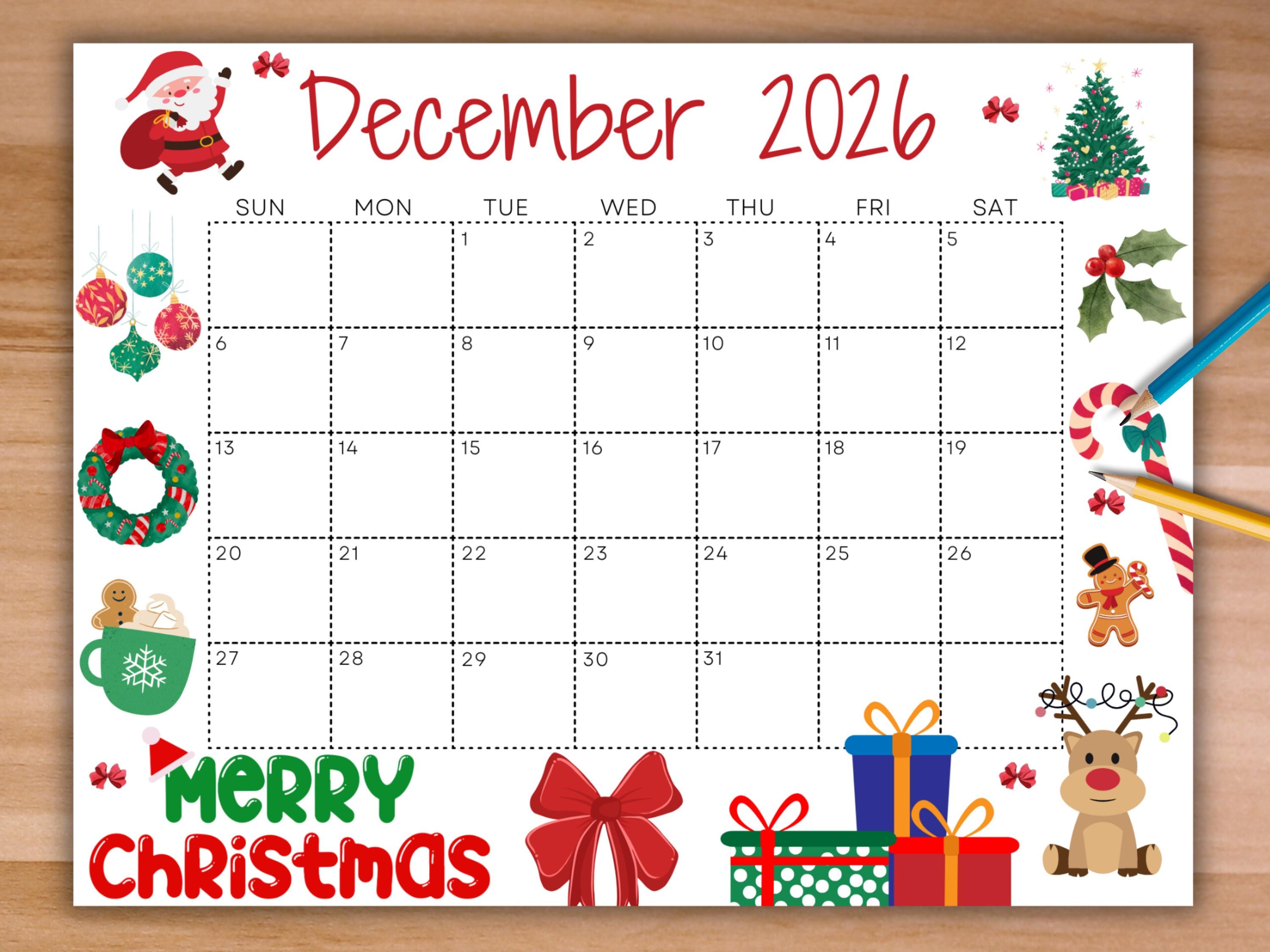 Editable December 2026 Calendar, Printable Calendar W ...